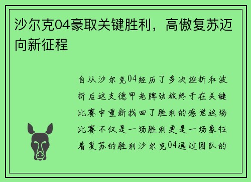 沙尔克04豪取关键胜利，高傲复苏迈向新征程